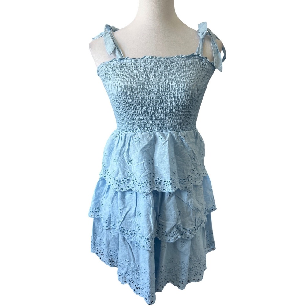 American Eagle Blue Eyelet Tiered Smocked Mini Dress Cottage Tie Shoulder‎ Small